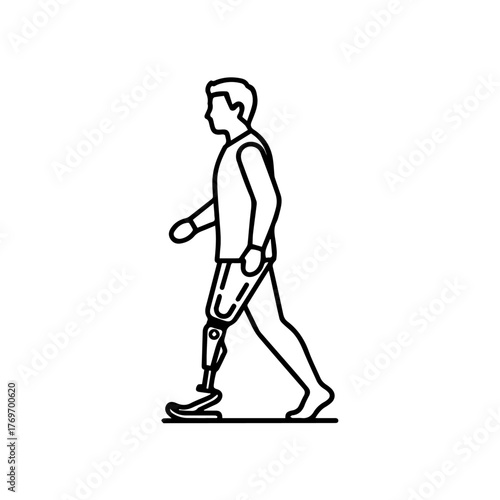 Vector icon illustrating a person walking with a prosthetic leg, symbolizing resilience, rehabilitation, and the empowering journey of adaptive mobility, overcoming physical challenges