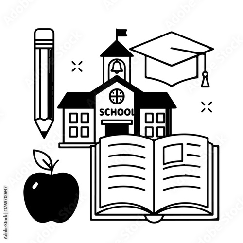 Education Icons School, Learning, and Academic Success in Line Art