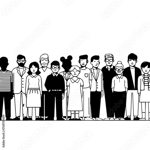 A black and white line art illustration showing a diverse community of people from different generations standing together