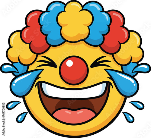 Joyful clown emoji laughing with tears of joy and a colorful wig