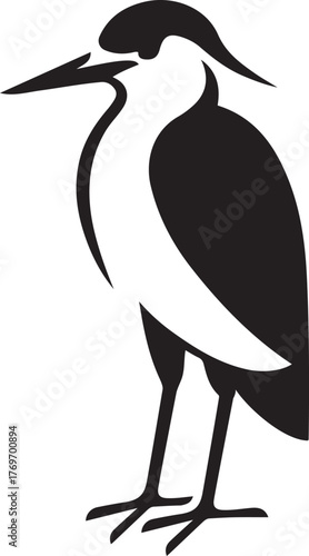 Stylized heron standing bird illustration, Black heron silhouette on white background