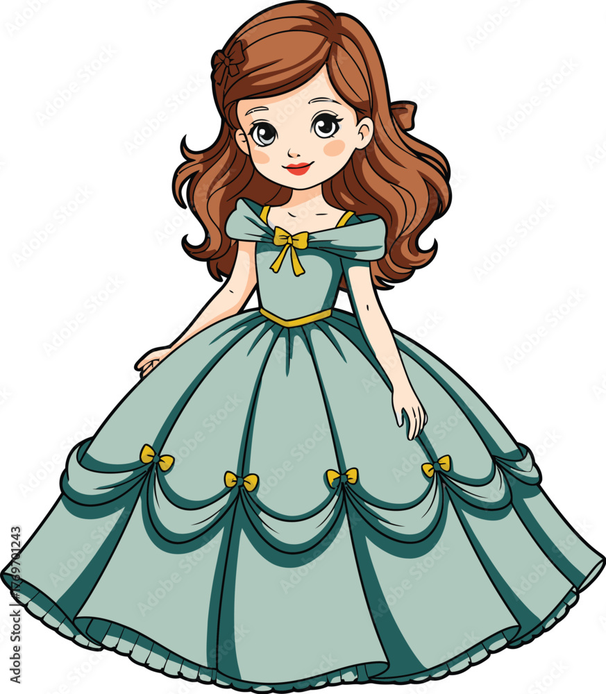 Fototapeta premium The smiling girl in a blue dress is a beautiful lady like a princess in a fantasy illustration of fashion and beauty