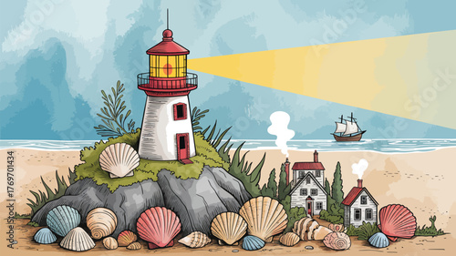 A majestic white lighthouse tower stands tall on the coastline by the sea, its light a beacon of navigation and safety