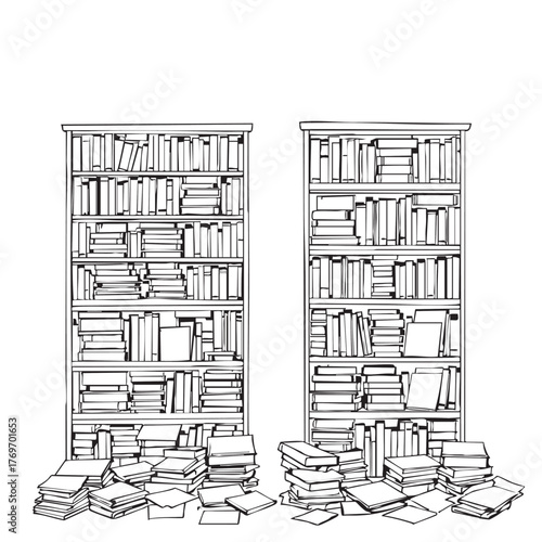 Messy Library Vector — Black and White Line Drawing of Overfilled Bookshelves and Scattered Book Piles in Study or Reading Space