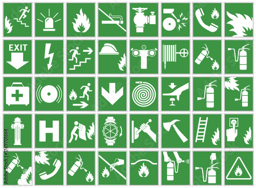 Green signs of necessary actions during a fire. Fire warnings and actions. Vector illustration.