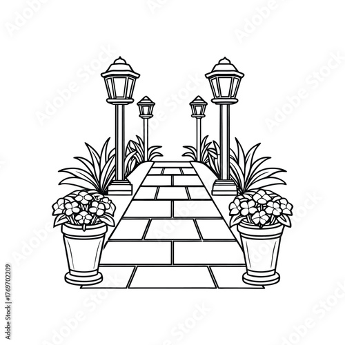 Black and white drawing of stone path with lampposts and flowers