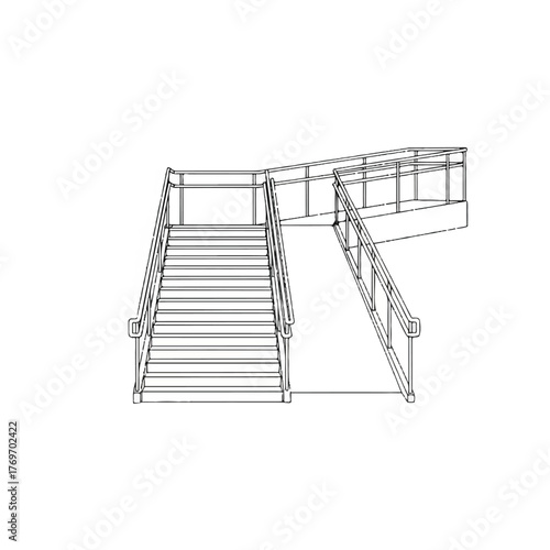 Elevated Perspective A Detailed Outline of a Staircase Ramp Combo, Architectural Elements