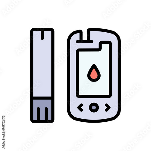 Glucometer, equipment for blood glucose monitoring. Diabetes testing color icon. Glucometer with test strips simple symbol, logo illustration.