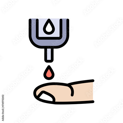 Blood test taking sample from finger prick. Blood glucose meter test color icon. Medical analysis procedure symbol. Simple vector illustration.