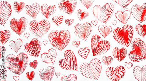As if hand-drawn hearts in different sizes and patterns, all in red pencil against white background