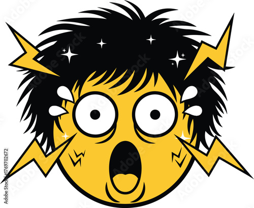 Shocked and scared face with lightning bolts and sweat drops