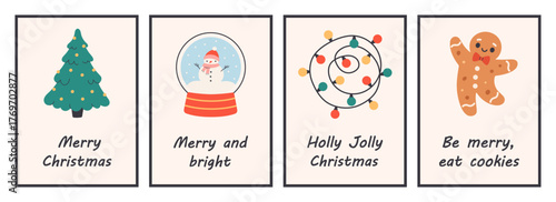Cute simple Christmas greeting cards with Christmas tree, snow globe, garland, cookie. Trendy hand drawn doodle cozy winter posters. Perfect for card, invitation, poster, home decor, seasonal design