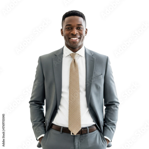 Professional african american man in a sharp gray suit and light tan tie smiling confidently isolated on transparent background