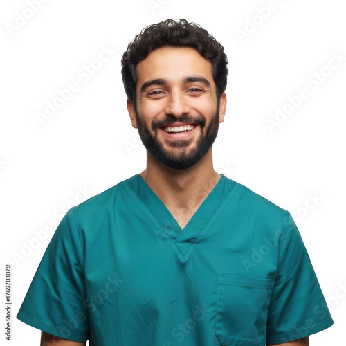 Smiling young man wearing teal scrubs a professional healthcare worker isolated on transparent background