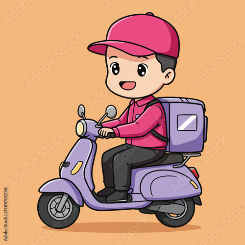 Happy Delivery Boy Riding Scooter Transporting Goods Cartoon Mascot