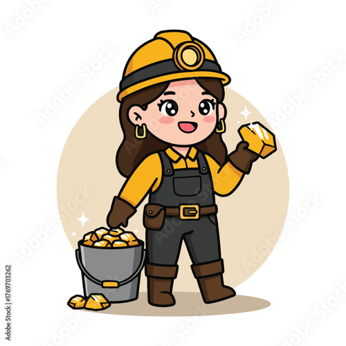 Cute cartoon gold miner girl holding a large gold bar