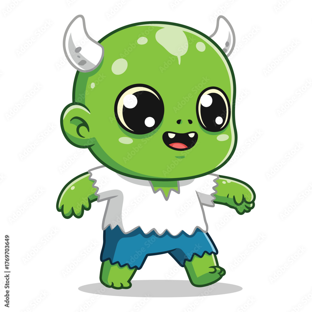 Obraz premium Cute Chibi Green Monster Mascot Cartoon Walking Illustration