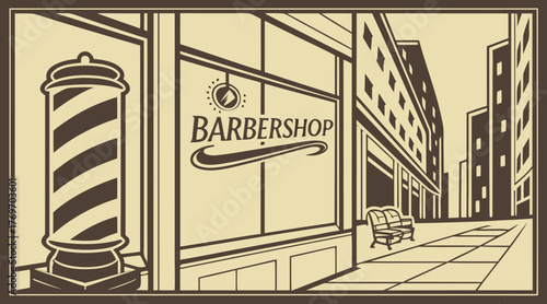 Vintage barbershop illustration in black and beige tones