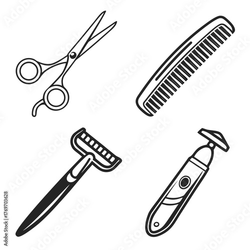 Vintage barber shop equipment set isolated on white background