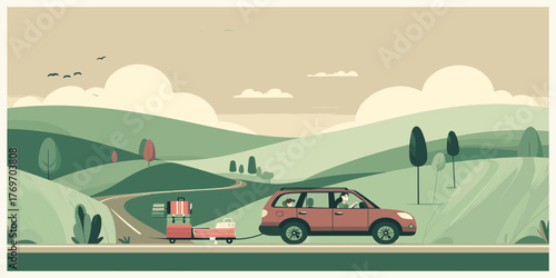A Scenic Road Trip Red SUV Adventures Through Rolling Hills with a Trailer on a Summer Vacation