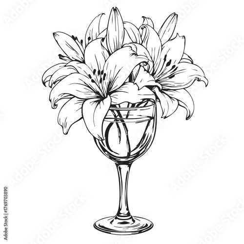 Lilies in Wine Glass Vector — Black and White Line Drawing of Blooming Flowers Arranged Elegantly in a Transparent Glass Vessel