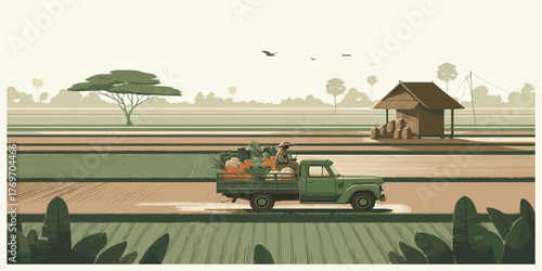 Agricultural life truck transports harvest through rural landscape