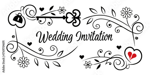Elegant wedding invitation design with floral swirls, hearts and key accents for romantic celebration