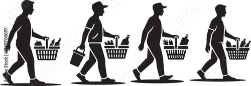 Grocery Shopping Silhouette — People Walking with Food Baskets and Items