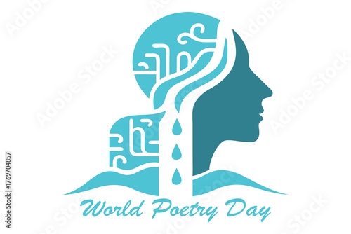 World Poetry Day Calligraphic Waterfall Profile Vector Art