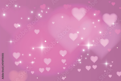Dreamy background with pink heart shapes and soft bokeh lights - romantic gradient bg with golden sparkles. Valentine day or wedding invitation love design elements with blurred glowing effects.