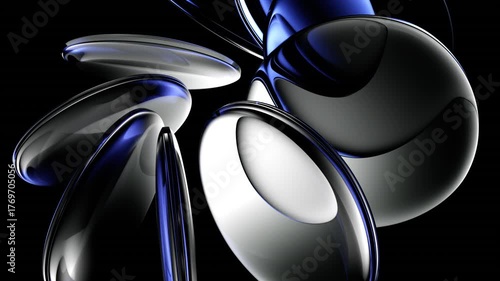 Abstract black 3d background with neon glass circular discs. Crystal round disks, rotating ring shape. Transparent lens with blue gradient texture and light refraction in prism. Futuristic technology.