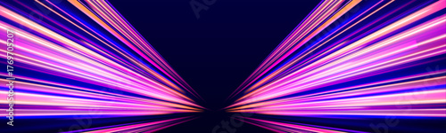 Vivid neon streaks rush through a dark cityscape, creating a dynamic symphony of light and motion. Blue and red tones blend in futuristic harmony. Energy flows like pure speed.