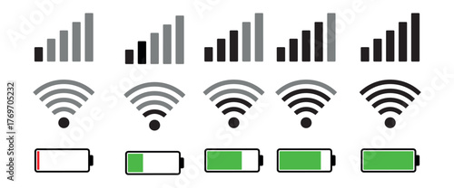 Minimal black and green vector icons showing mobile signal strength, Wi-Fi connectivity, and battery charge levels. Perfect for user interface design (UI), apps, infographics