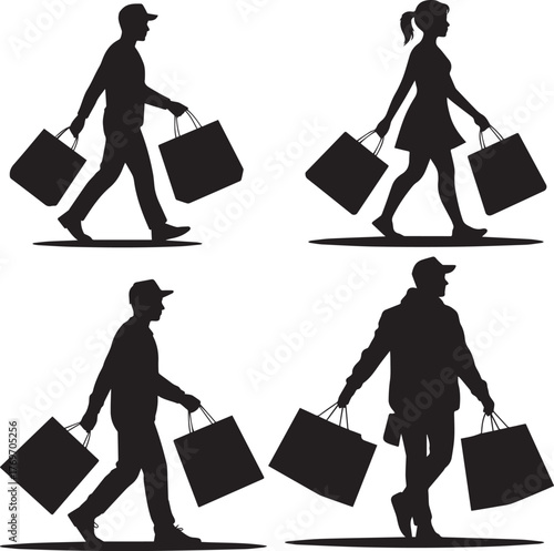 Shopping People Silhouette — Men and Women Carrying Bags After Purchase