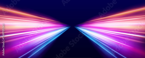 Glowing light trails twist along the digital highway, forming a vibrant stream of technology and speed. The night glimmers with power. A modern vision of motion.