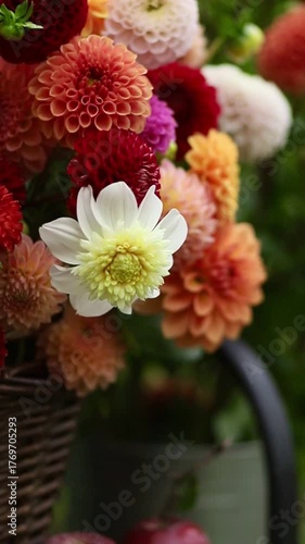 Wallpaper Mural Dahlias. A bouquet of dahlias in a wicker basket and apples in an autumn garden. Farm flowers. Torontodigital.ca