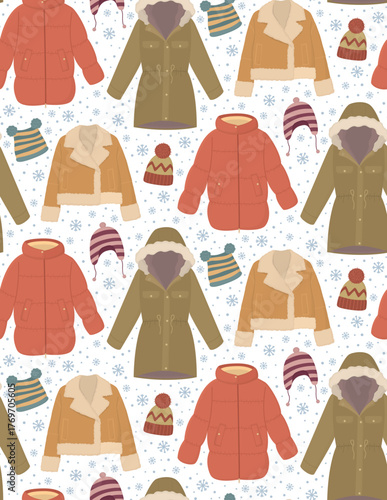 Seamless pattern with winter jackets, beanies and snowflakes. Background with seasonal clothing and accessories