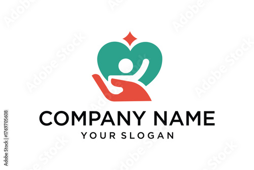 Human Care and Support Logo with Hand, Heart, and Person Icon Design