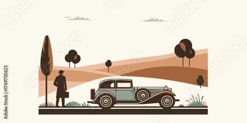 Vintage Road Trip Man with Classic Car Journeying Through Rolling Hills