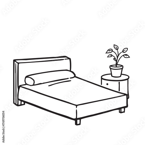 Minimalist Bedroom Vector — Black and White Line Drawing of Bed with Bolster Pillow and Potted Plant on Round Side Table