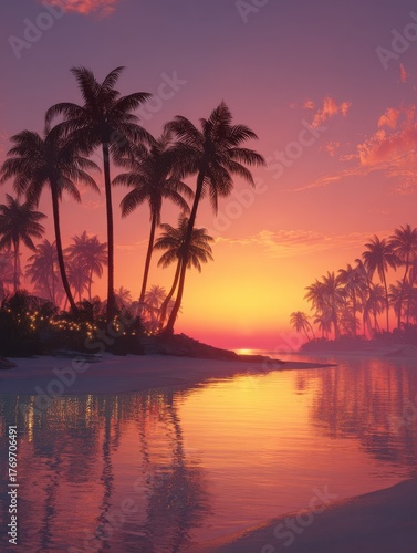 tropical beach sunset palm trees lights festive