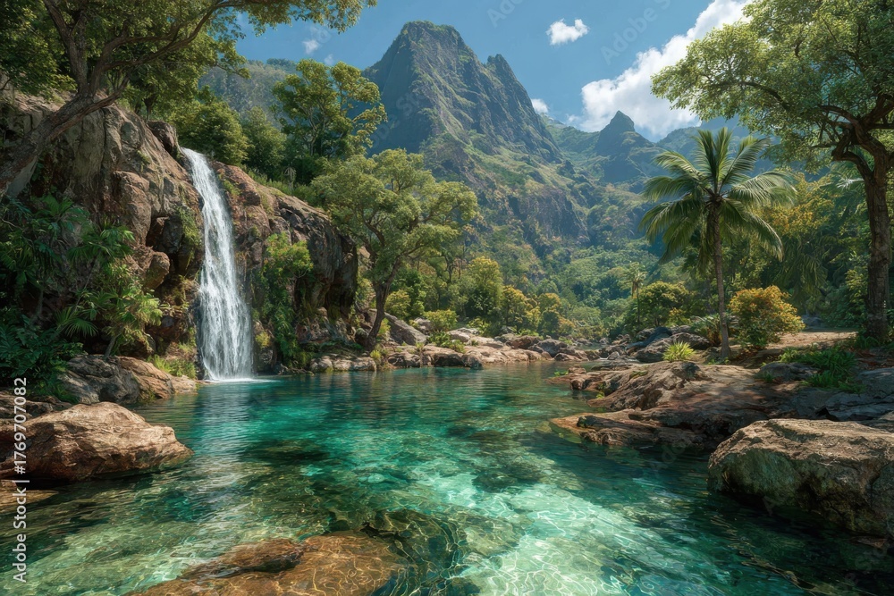 Fototapeta premium Beautiful waterfall cascades into a clear turquoise pool surrounded by lush green trees and a distant mountain peak