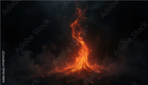 Burning fire glowing in the night fireplace