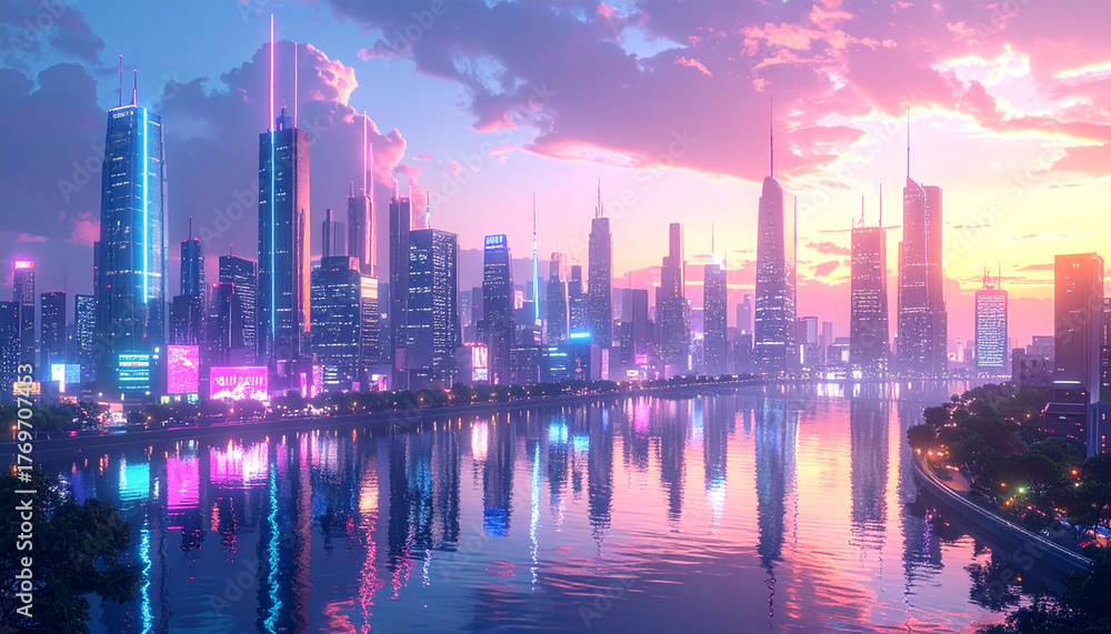 Fototapeta premium Horizontal view of neon city with glass towers and reflections on canal water.