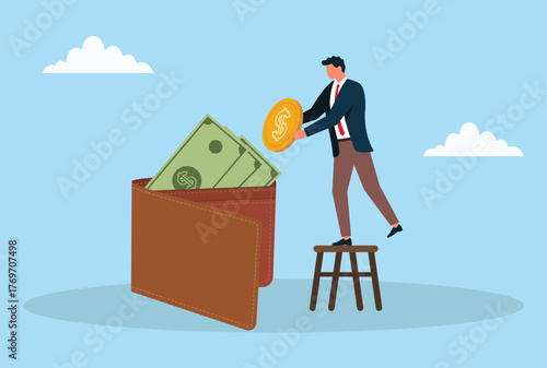 Vector illustration of a businessman standing on a stool putting a big gold coin into a large wallet filled with cash, symbolizing saving money, investment, and financial growth concept
