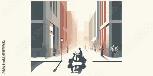 Cityscape Illustration A Scooter Ride Through Urban Architecture, Peaceful Ambiance