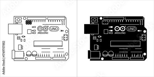 Arduino uno microcontroller board in black and white