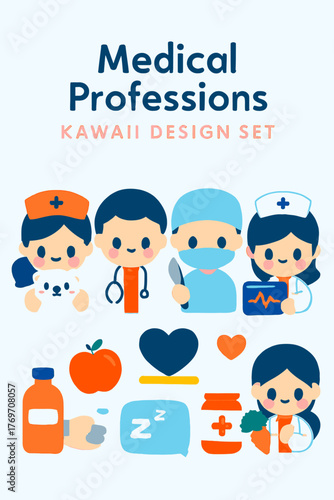 A charming collection of kawaii-style medical professionals and health-related icons, perfect for illustrating healthcare concepts with a friendly and approachable design.