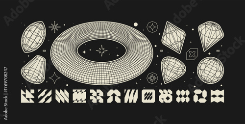 Vector graphic assets kit acid style, Postmodern abstract geometric shapes with wireframe elements of different forms, Y2K trendy design in brutalism aesthetic, template symbols set 22