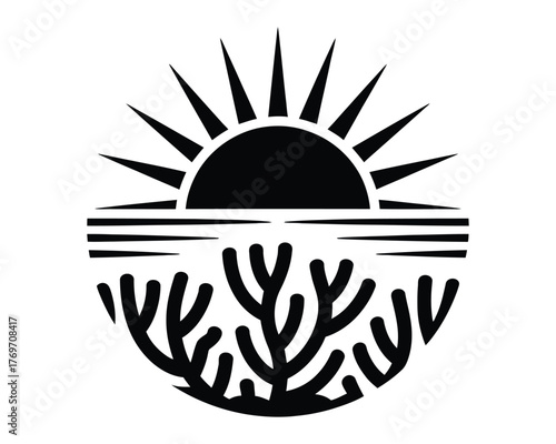 Circular vector logo of a sun rising over the sea and coral reef